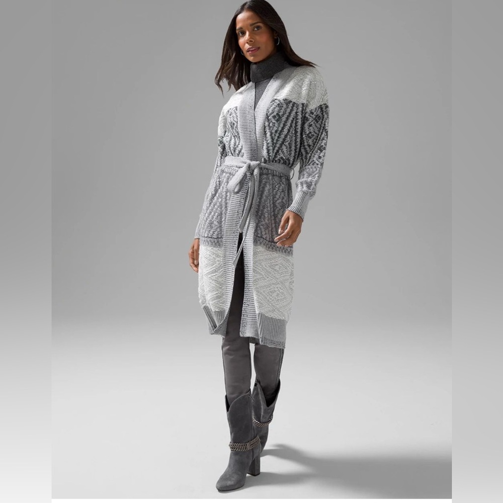 WHBM Fair Isle Sequins Long Wrap Sweater Duster White House Black Market Medium